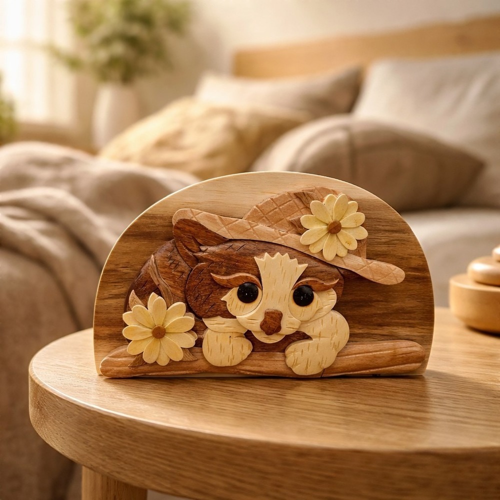 CARVER DAN'S HANDCRAFTED WOODEN PUZZLE TRINKET CAT W/HAT & FLOWERS JEWELRY BOX